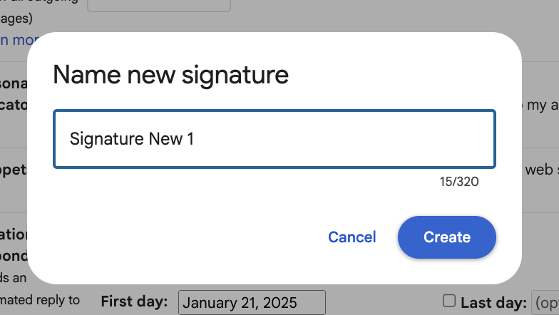 Pop-up box for naming a new Gmail signature with fields for text input and options to create or cancel.